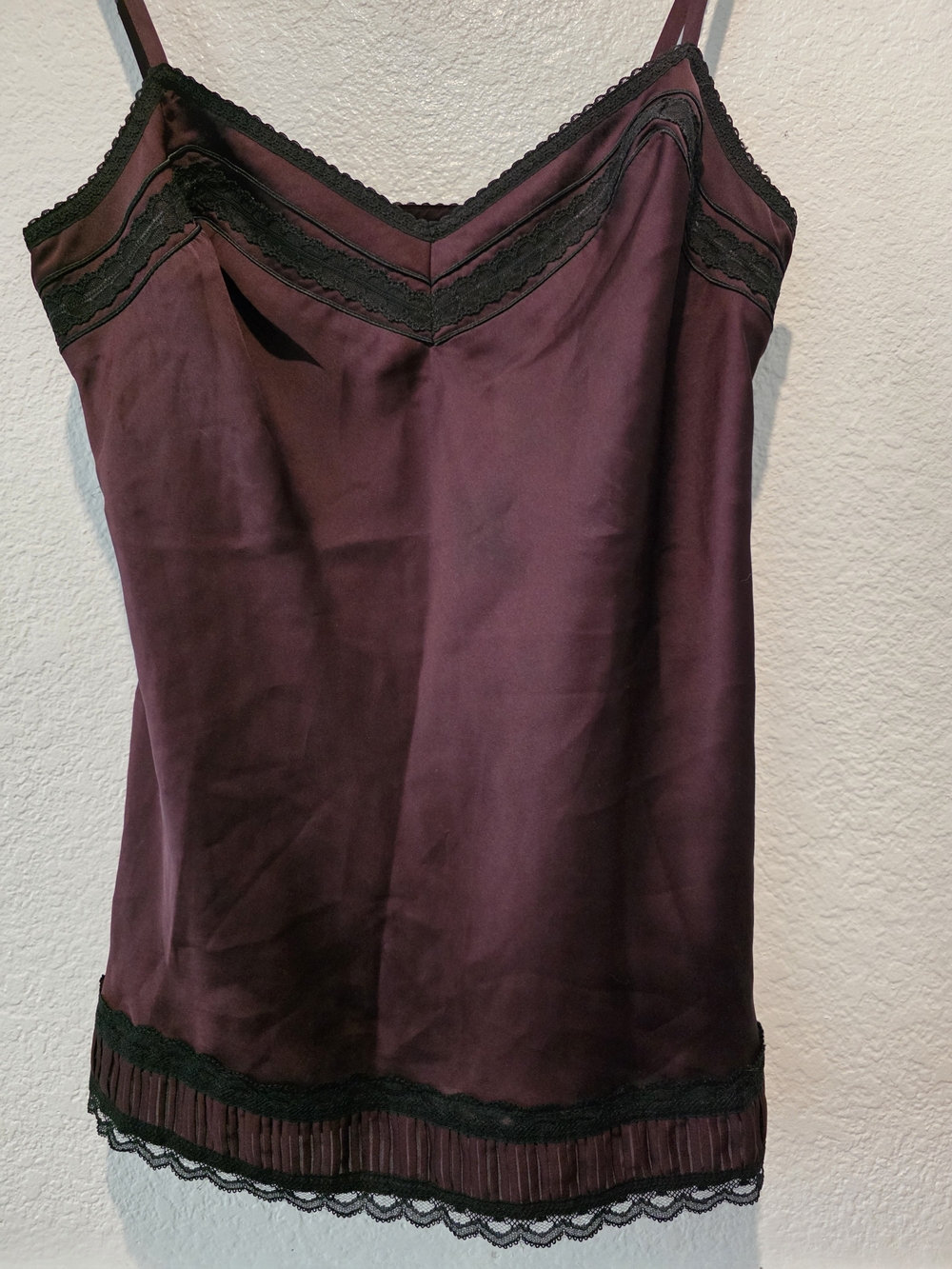 LOFT Plum Satin Slip with Black Lace Trim
